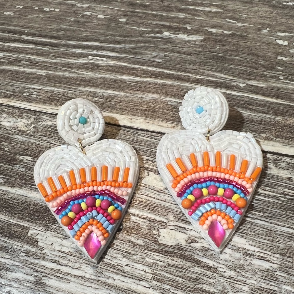 Earrings Serra Multicolor Beaded Post Back Heart Shape Felt Backed Valentine’s‎ - Picture 2 of 8